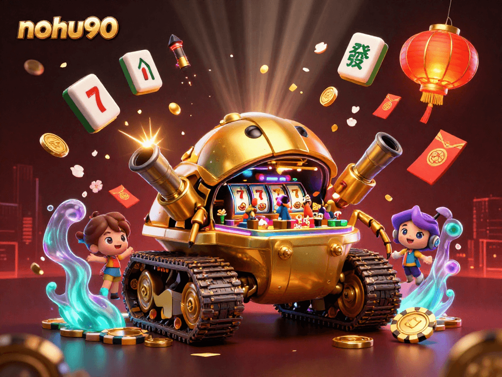 Nohu90 showcases a vibrant casino theme within a massive golden beetle tank firing confetti and coins.