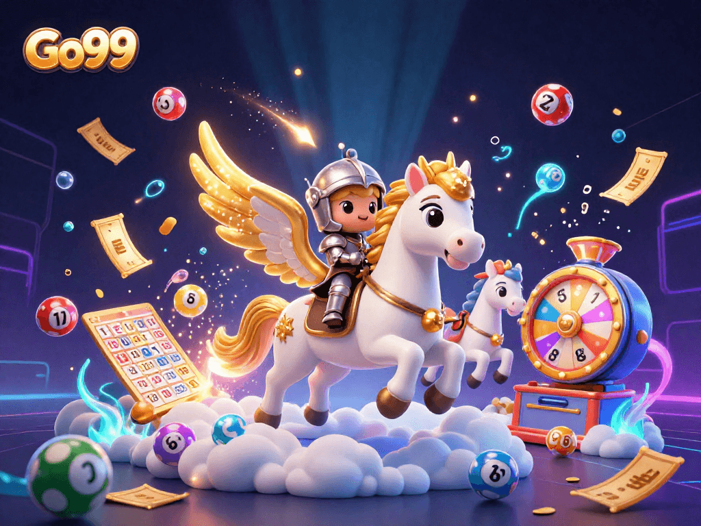 Engage in thrilling wins with Go99 as a celestial knight rides a magical horse amidst vibrant lottery elements.