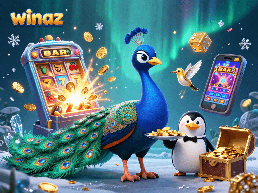 Winaz presents an opulent casino scene with a peacock, butler penguin, and gems bursting with energy.