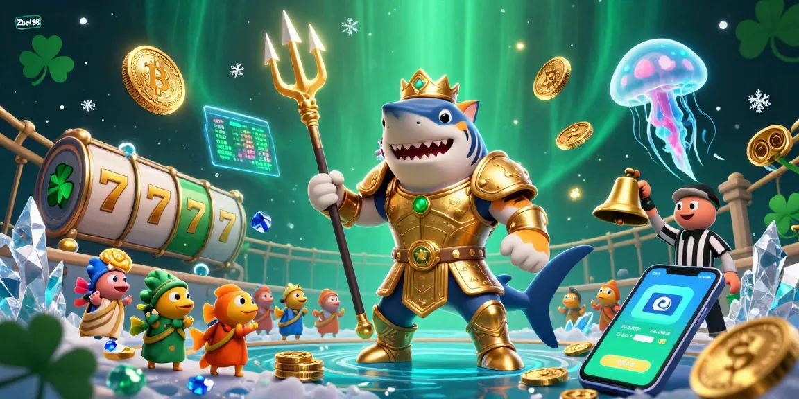 Zbet88 offers an exciting underwater gaming experience with a shark warrior and vibrant casino elements.