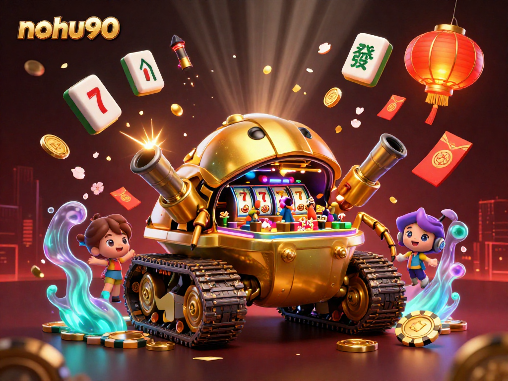 Nohu90 showcases a vibrant casino theme within a massive golden beetle tank firing confetti and coins.