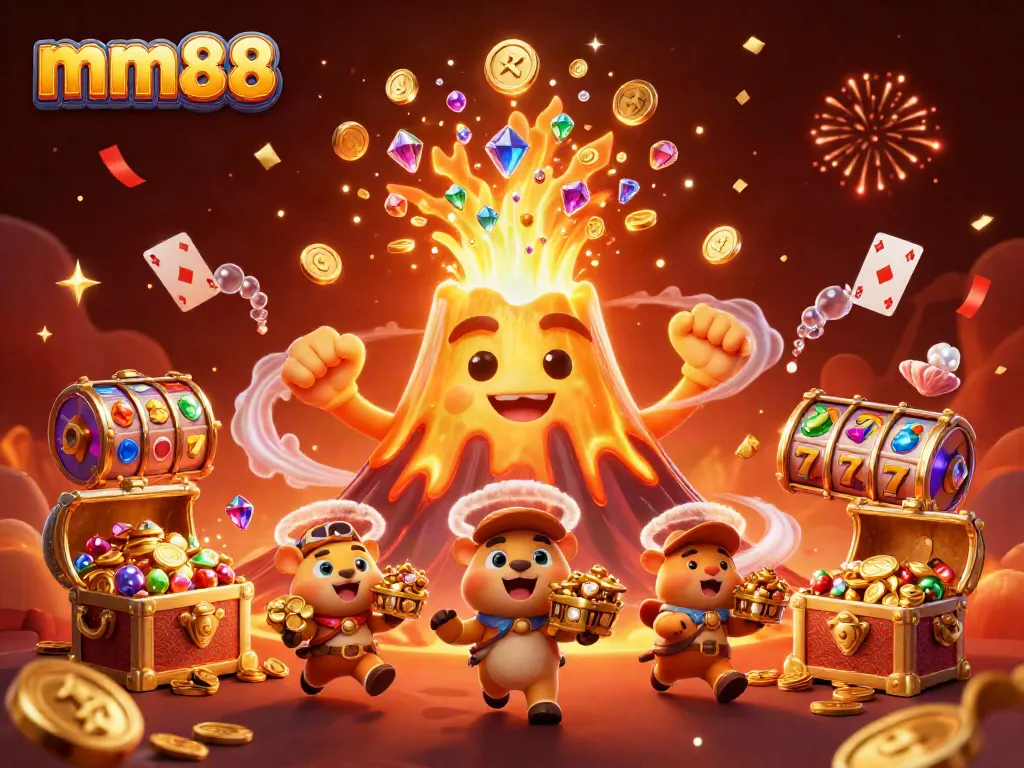 Experience the excitement of mm88 with a triumphant golden volcano erupting treasures in a vibrant casino scene.