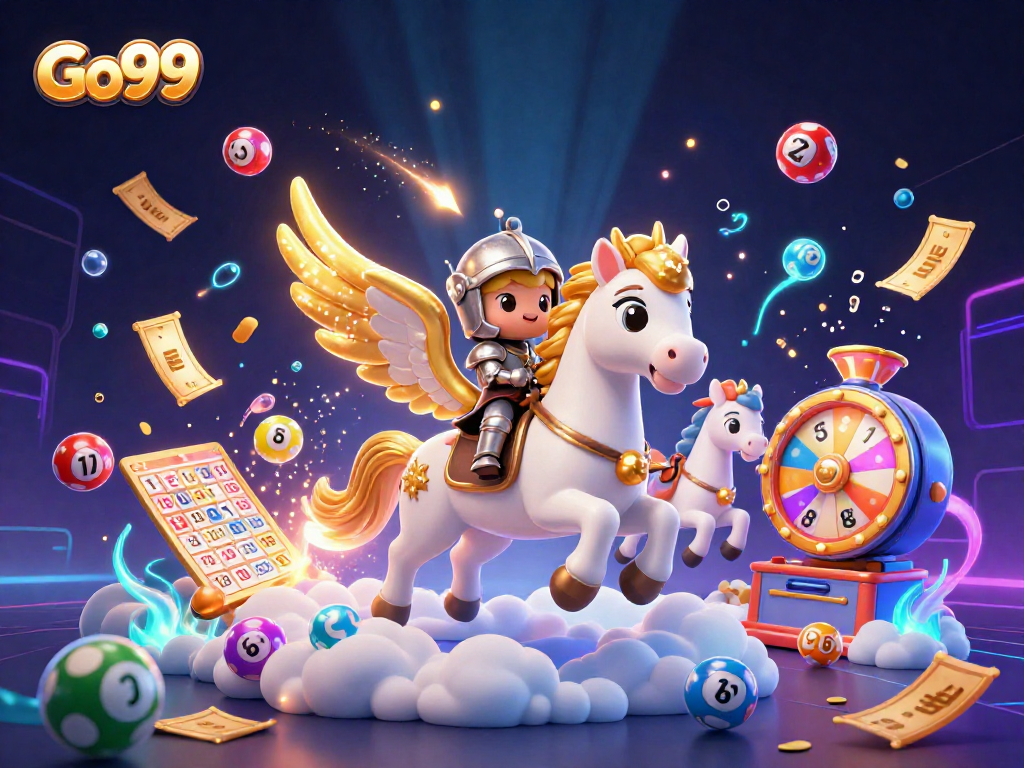Engage in thrilling wins with Go99 as a celestial knight rides a magical horse amidst vibrant lottery elements.