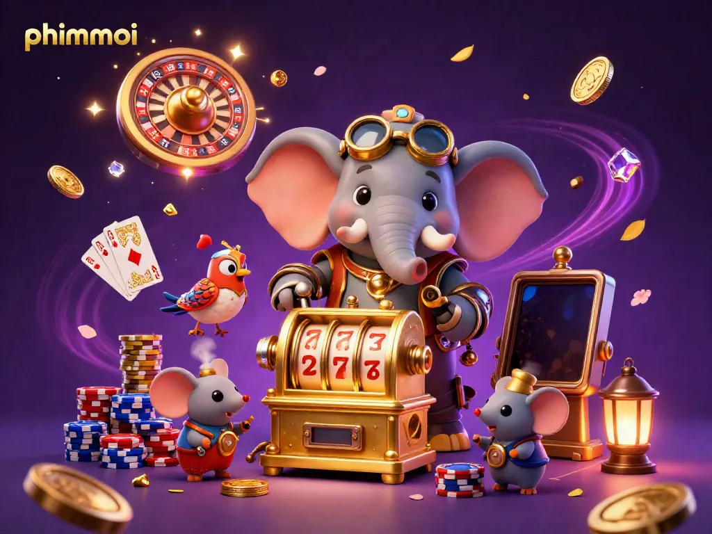 Engage with phimmoi’s vibrant gaming scene featuring a steampunk elephant at a dynamic slot machine.