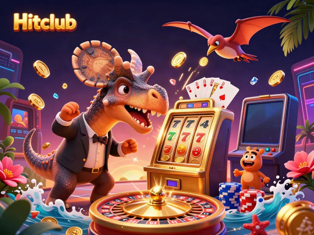 Hitclub characters celebrating a jackpot in a vibrant casino scene with coins and cards