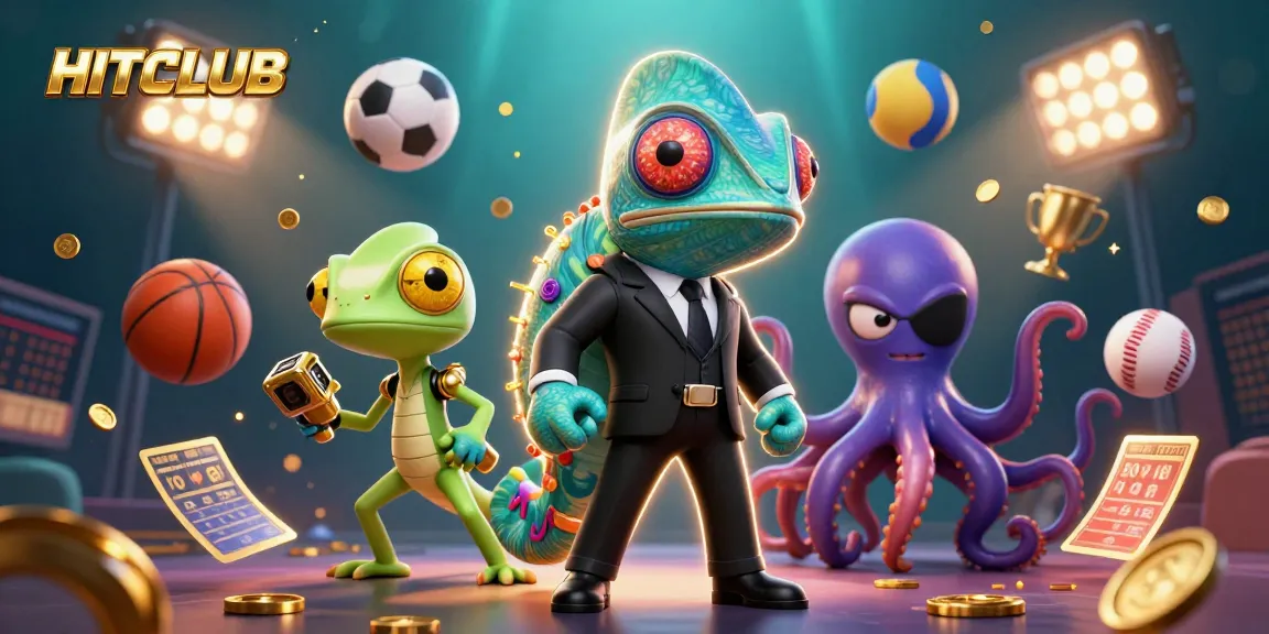 Experience thrilling gameplay with HITCLUB in a vibrant casino scene filled with sports elements and dynamic characters.