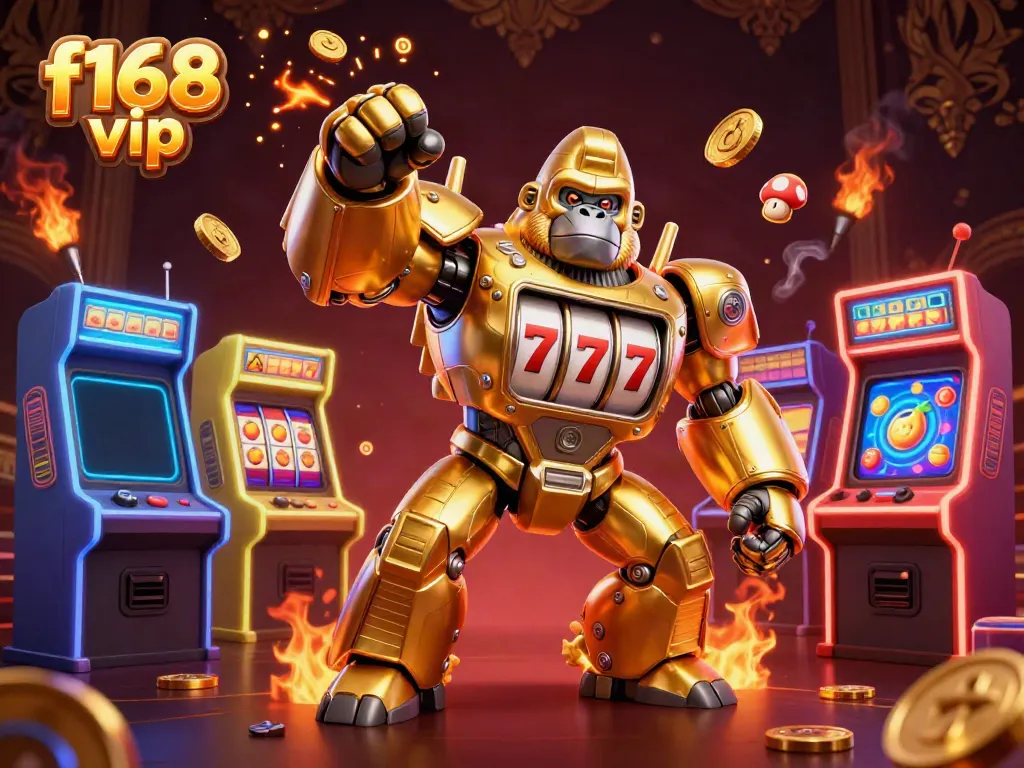 Experience thrilling f168 vip gaming with a dynamic mech and vibrant arcade elements.