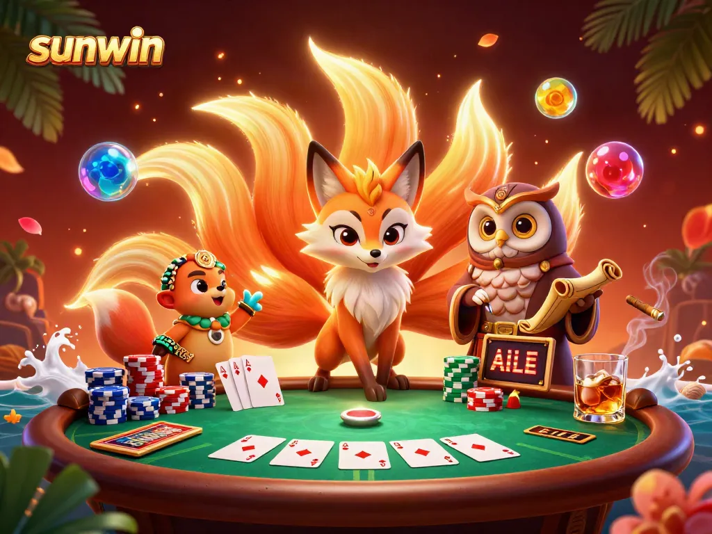 Experience thrilling poker gameplay with Sunwin's vibrant casino illustration featuring a nine-tailed fox spirit.