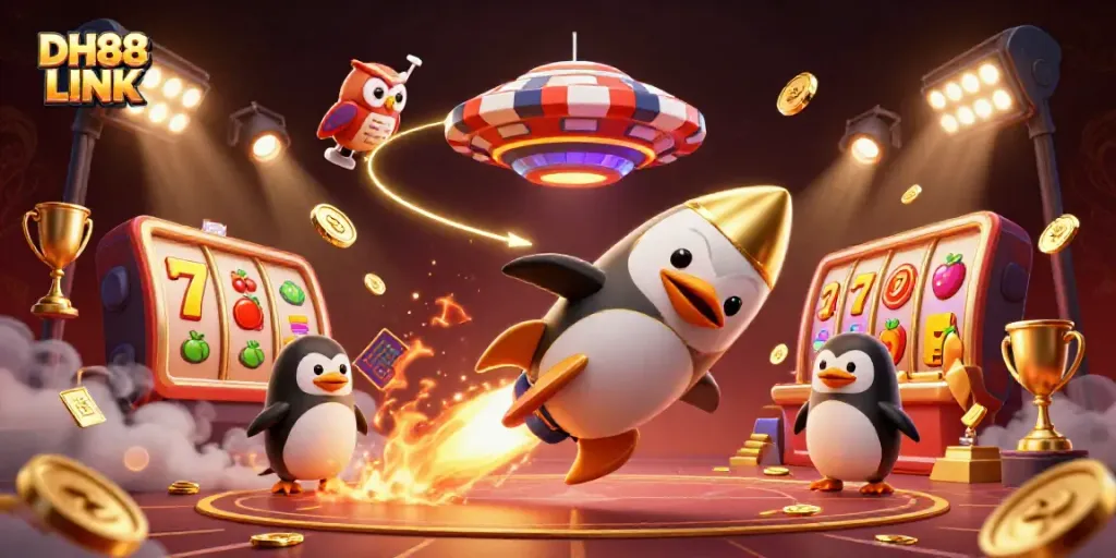 Experience the excitement of DH88 LINK with vibrant golden penguin blasting towards a casino space station.