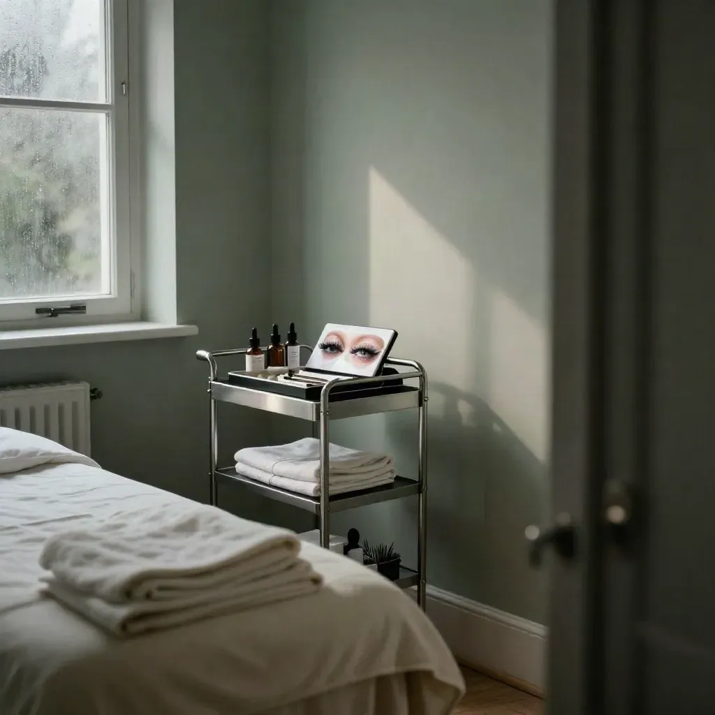 Luxe lashstudio met behandelstoel, trays, serums en practice eye in koel ochtendlicht.