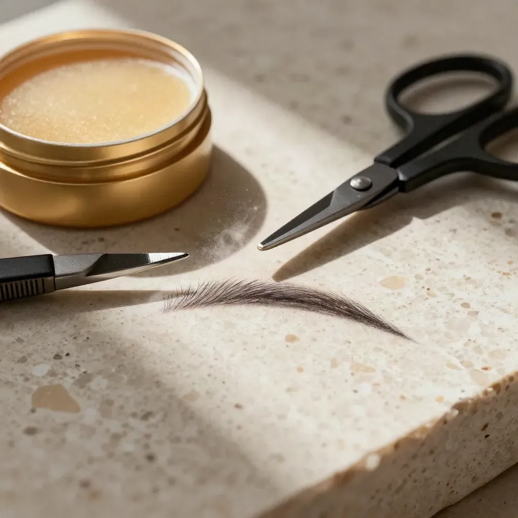 Top-down macro van wenkbrauwvorm-tools met poederboog op steen en gouden accenten.