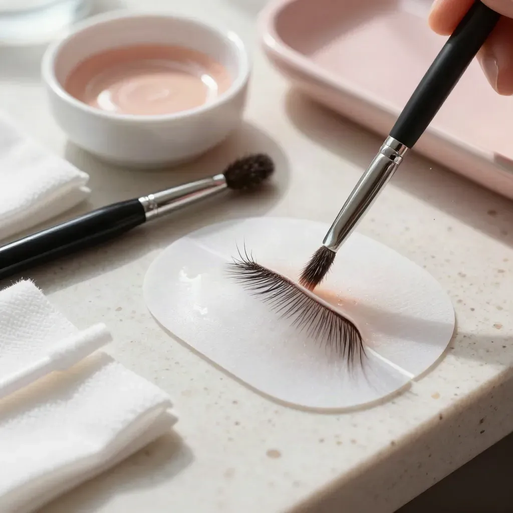 Wimperkleuring op practice pad met pigment, microbrushes en wattenstaafjes in zacht licht.
