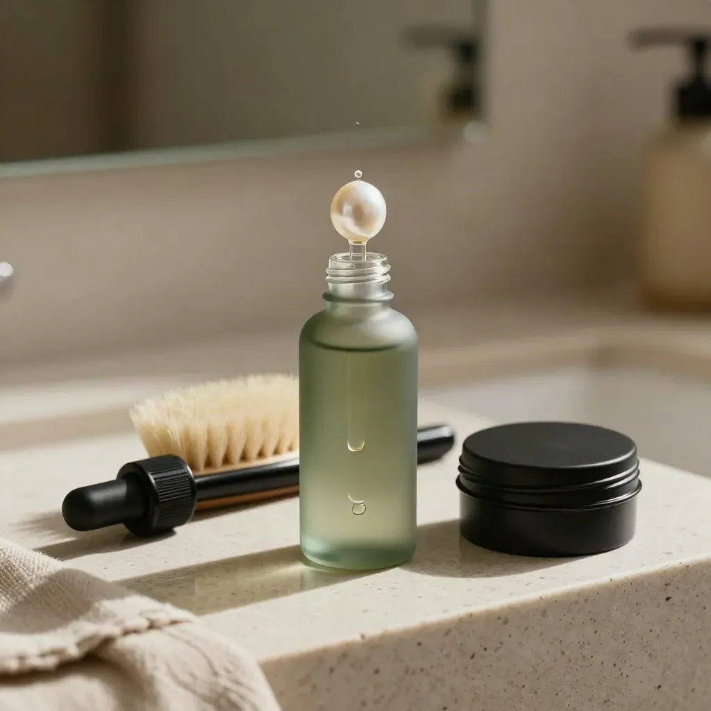 Lash serumflesje met pipet, spoolie en gesloten tin op een lichte vanity