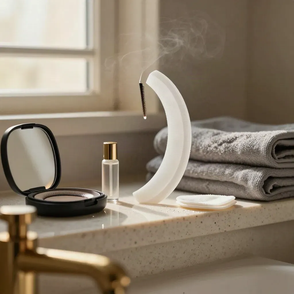 Lash lift shields, halfopen spiegeldoosje en stoom op een travertin badkamershelf.