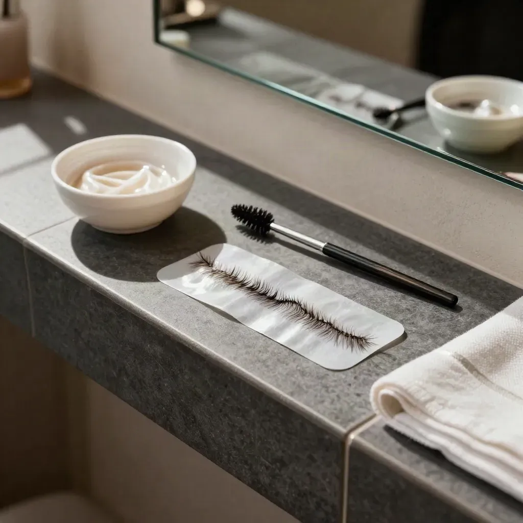 Bovenaanzicht van lash tint, brow brush en verfbakje op donker tegelvlak.
