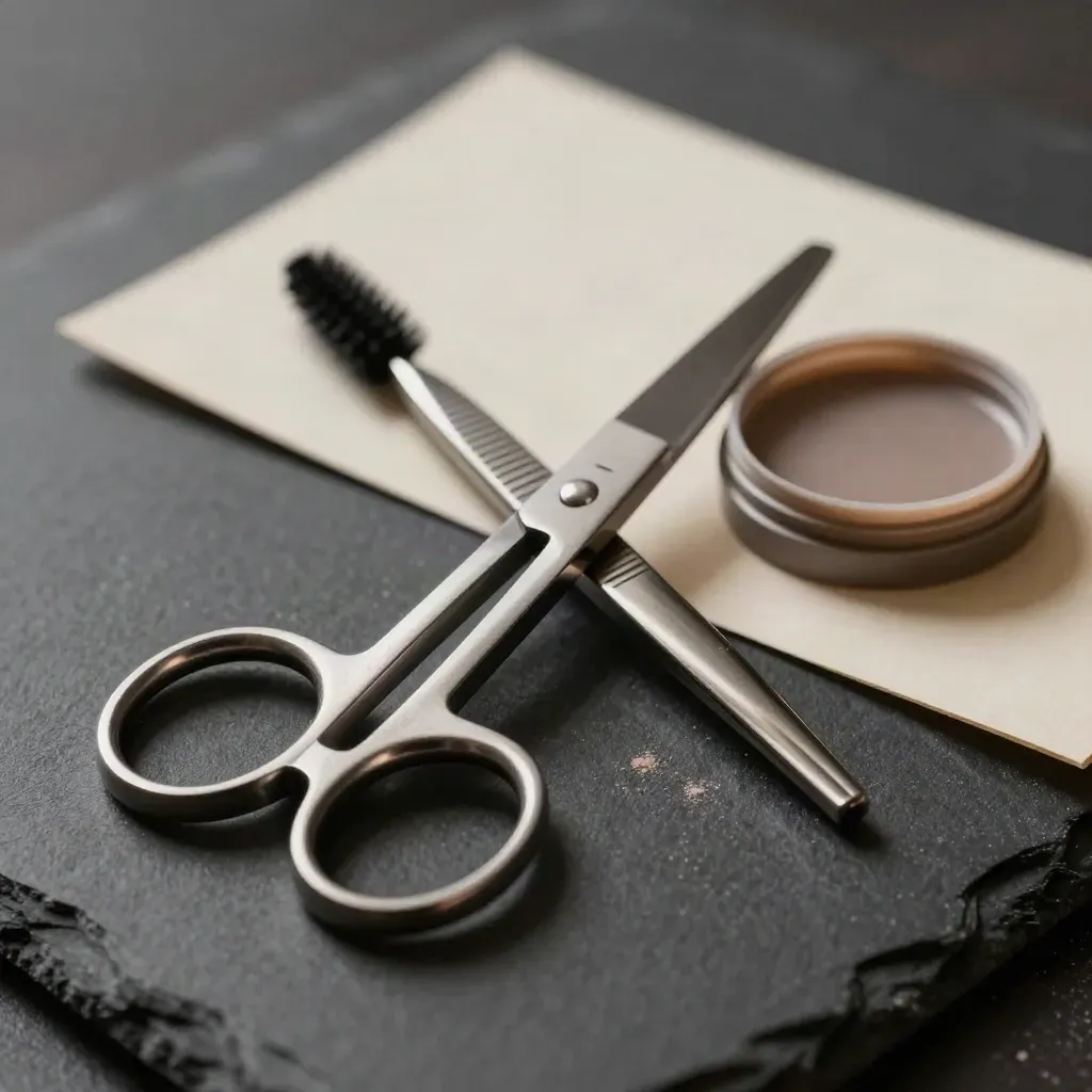 Brow-shaping tools op zwarte leisteen, met schaar, spoolies en pincetten in dramatisch licht.