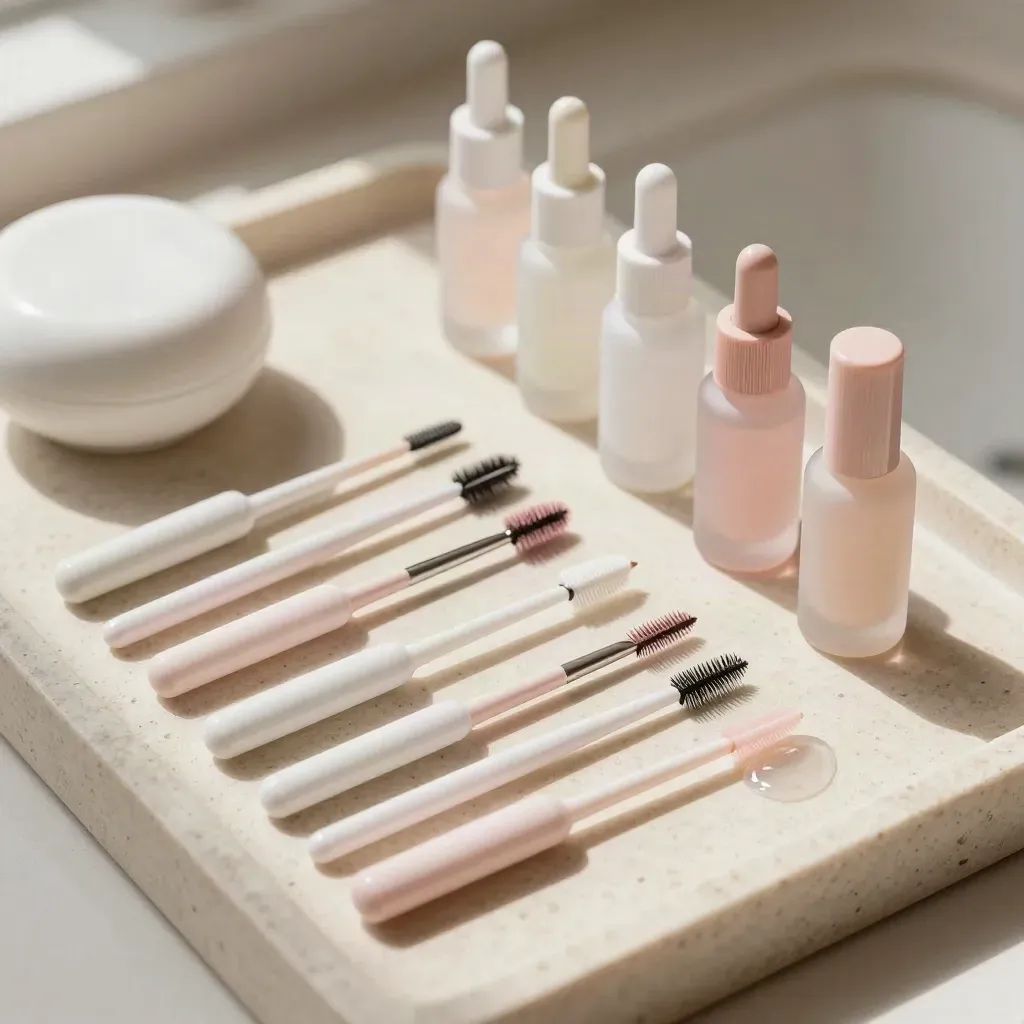 Lash lift shields, microbrushes en serumampullen op een crème schaaltje, van boven gezien.