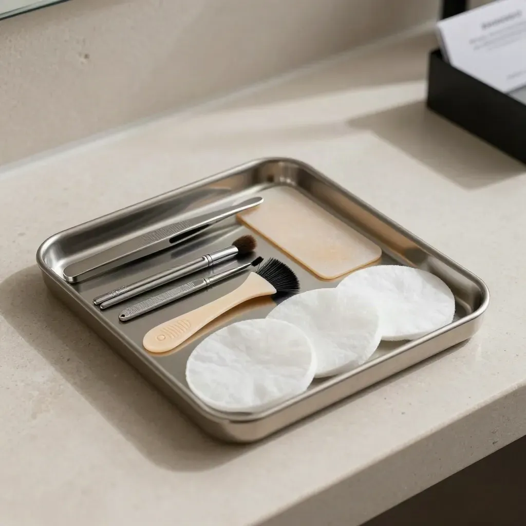 Bovenaanzicht van een lash treatment tray met pincetten, microbrushes en cotton pads.
