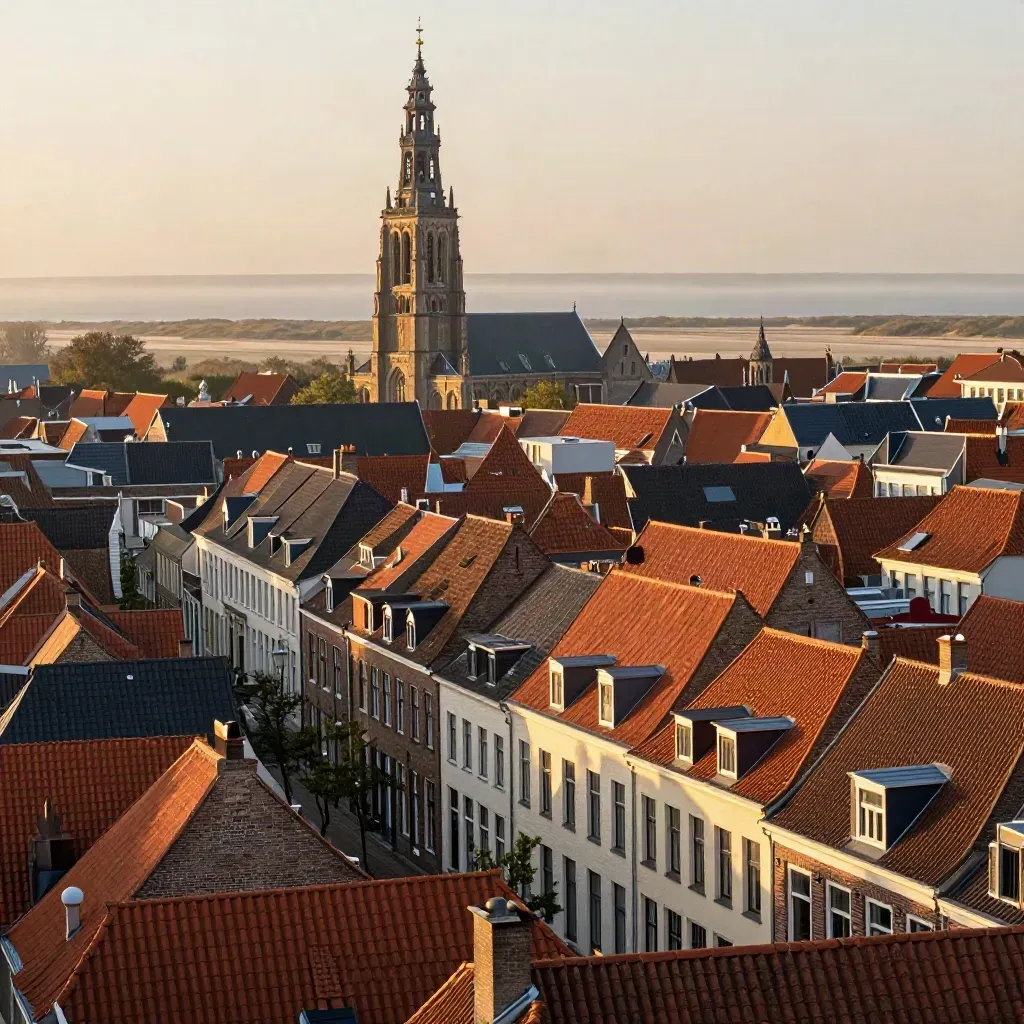 Haarlem met bakstenen daken, Grote Kerk-toren en zachte duinmist in gouden avondlicht.