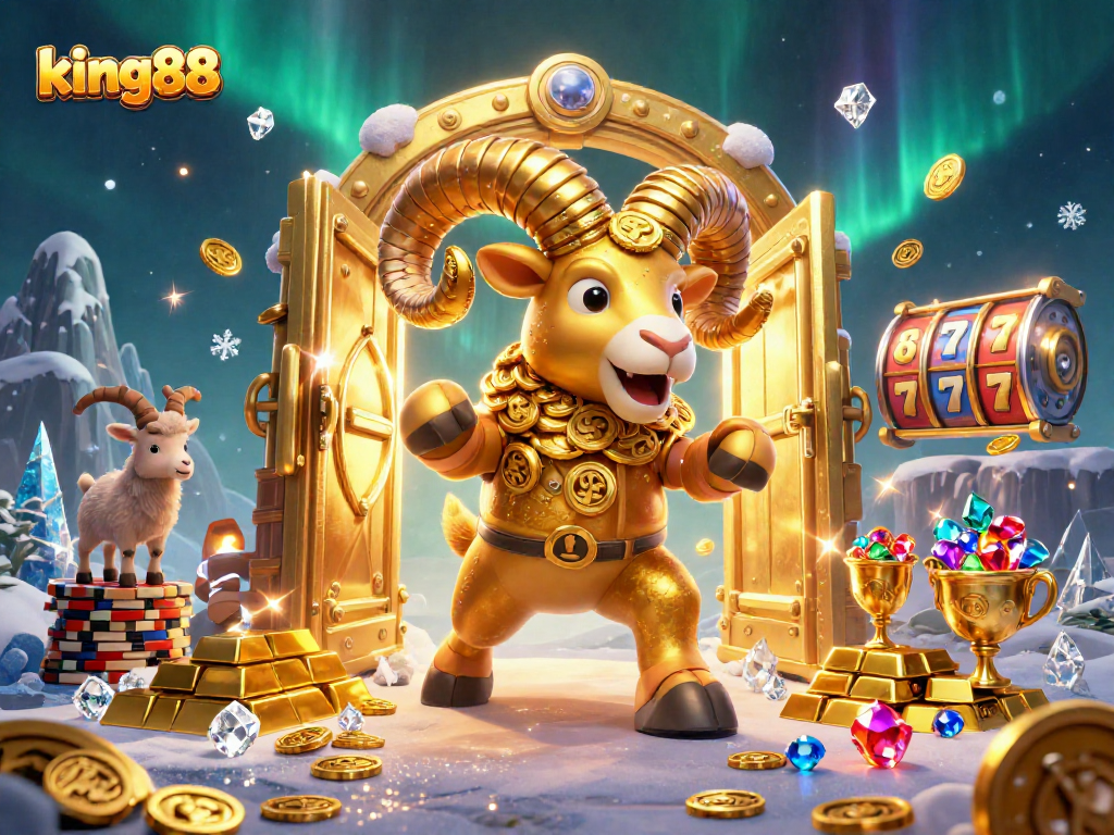Experience the excitement of king88 with a golden ram charging through a treasure-filled casino scene.
