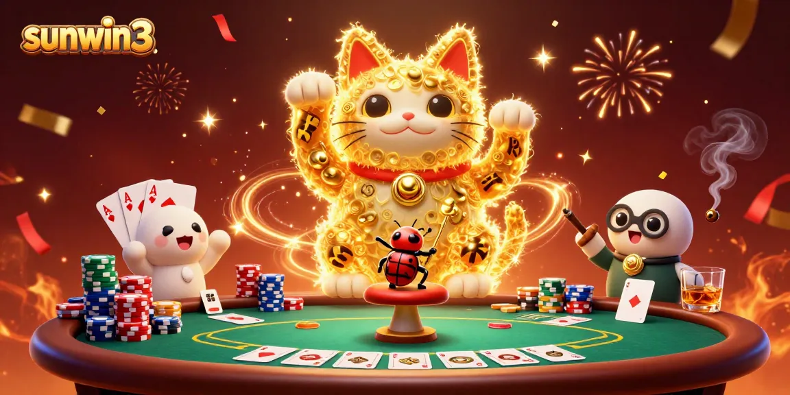 Experience the excitement of sunwin3 with a vibrant gaming atmosphere showcasing a lucky cat and poker elements.