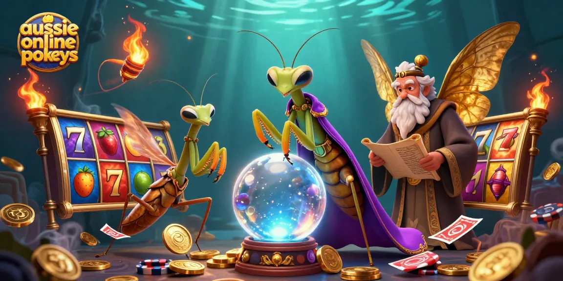 Spin the best aussie online pokies with a vibrant 3D illustration showcasing fortune tellers and slot reels.