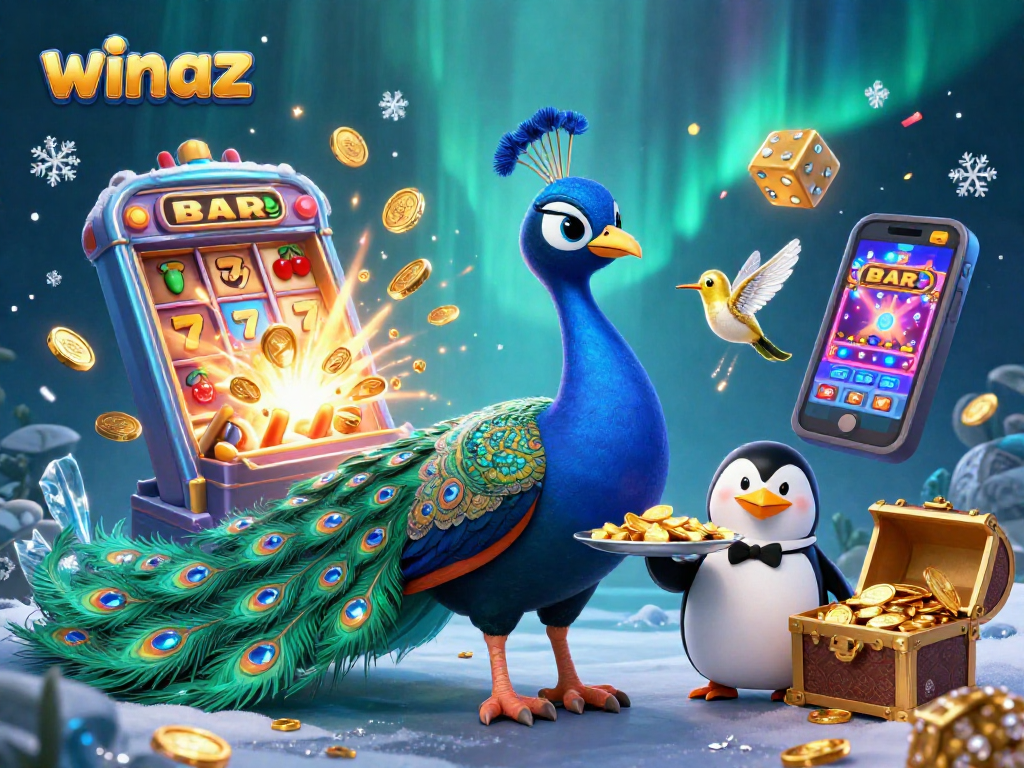 Winaz presents an opulent casino scene with a peacock, butler penguin, and gems bursting with energy.