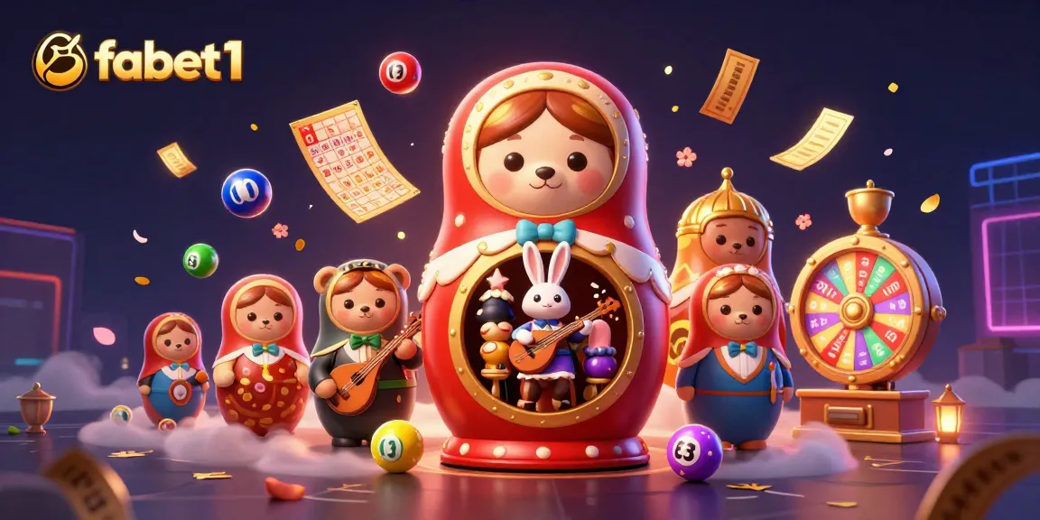 Experience excitement with fabet1 through a vibrant scene featuring a Matryoshka bear and casino elements.