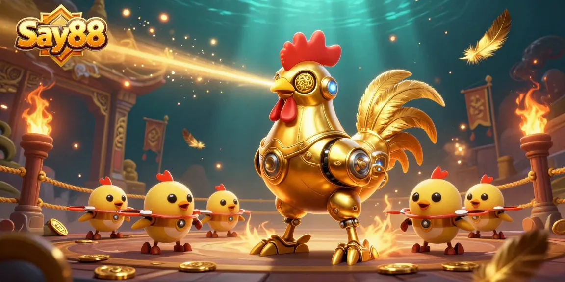 Say88 features a golden rooster robot engaging in immersive casino action with vibrant dynamics.