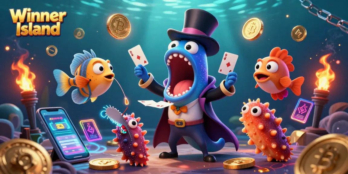 Experience the thrill at Winner Island Casino with a unique underwater magic-themed illustration showcasing crypto elements.