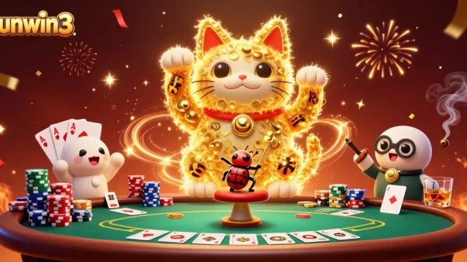Experience the excitement of sunwin3 with a vibrant gaming atmosphere showcasing a lucky cat and poker elements.