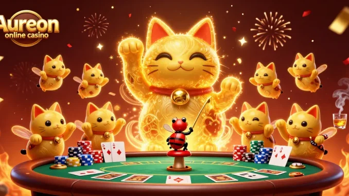 Aureon online casino showcases a vibrant 3D illustration with a lucky cat, poker elements, and celebratory effects.
