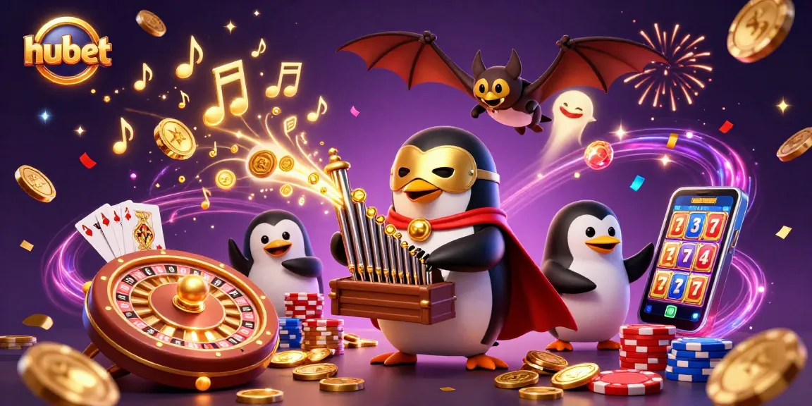 Experience luxury gaming at hubet with a whimsical penguin playing an organ that shoots gold.