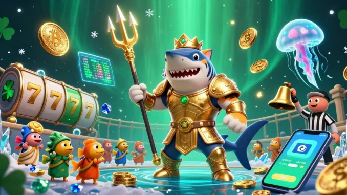 Zbet88 offers an exciting underwater gaming experience with a shark warrior and vibrant casino elements.