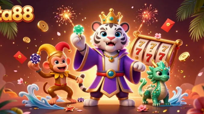 Play and win at ta88 with an elegant tiger, golden monkey, and jade dragon in a vibrant casino scene.