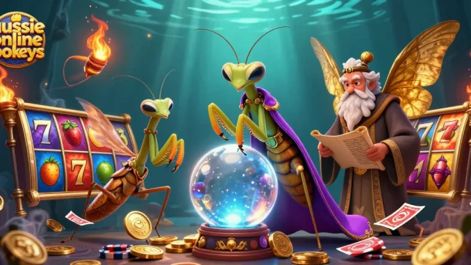 Spin the best aussie online pokies with a vibrant 3D illustration showcasing fortune tellers and slot reels.