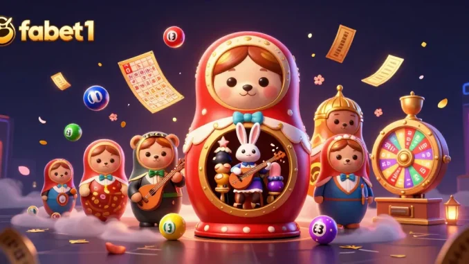 Experience excitement with fabet1 through a vibrant scene featuring a Matryoshka bear and casino elements.